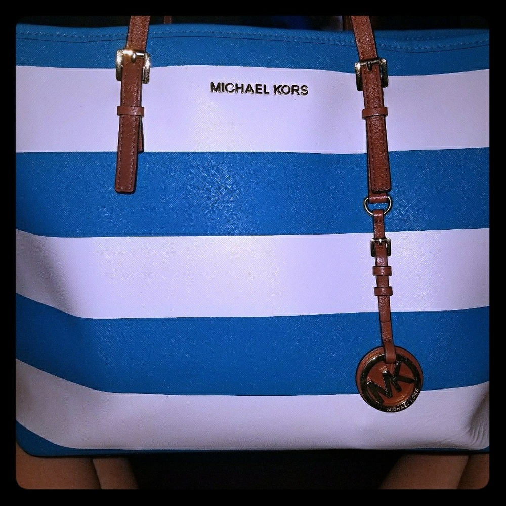 Michael Kors Jet Set Medium Blue White Stripe Tote