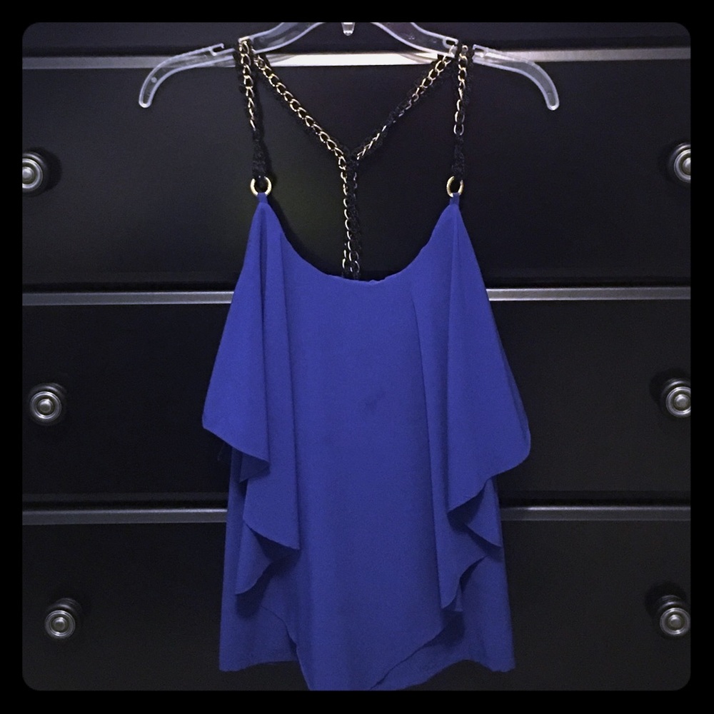 Royal blue tank with black and gold chain