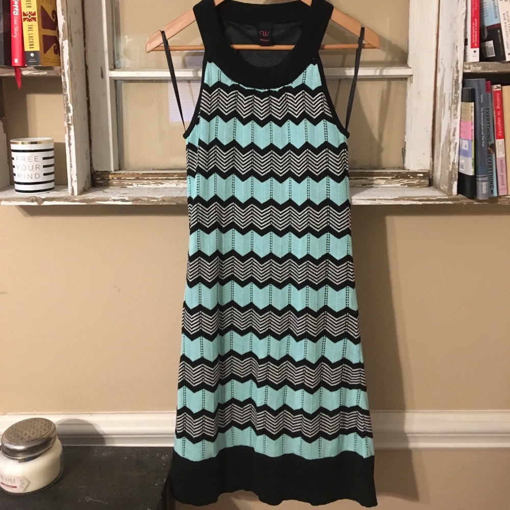 Black and Aqua Chevron Crochet Shift Dress