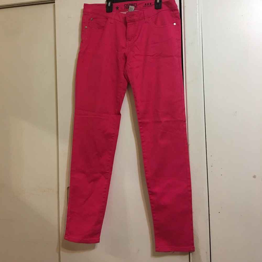 Pink skinny jeans.