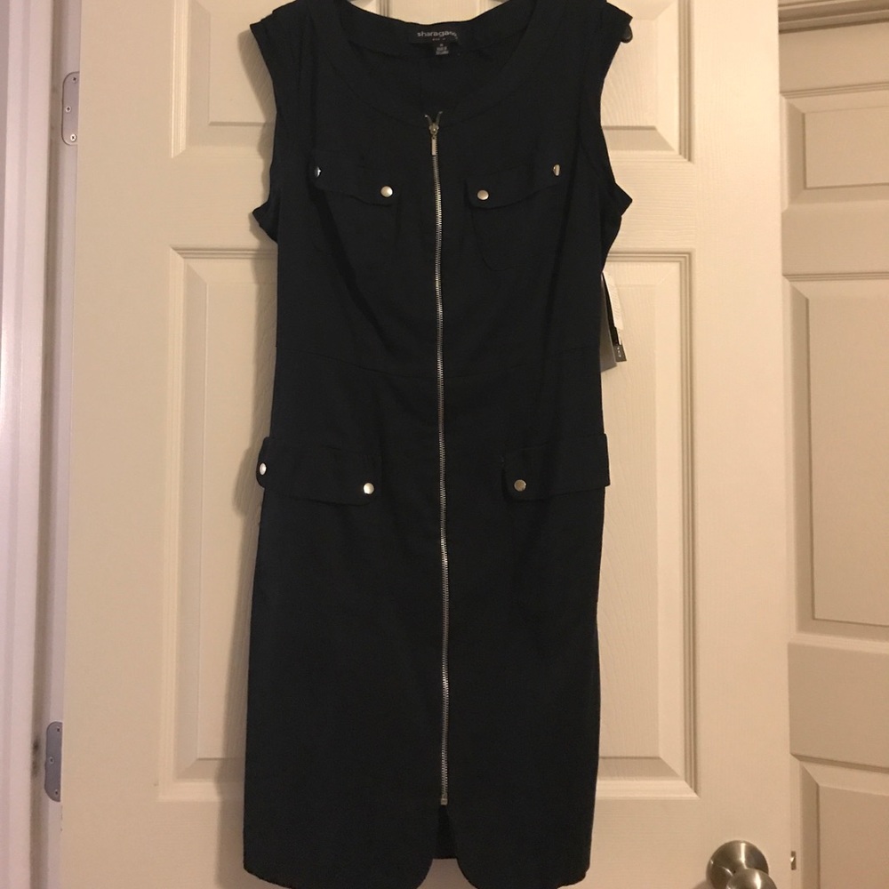 Navy blue dress with belt.