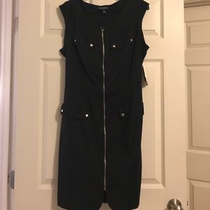 Navy blue dress with belt.