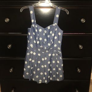 Lulus Polka dot denim romper with tie back