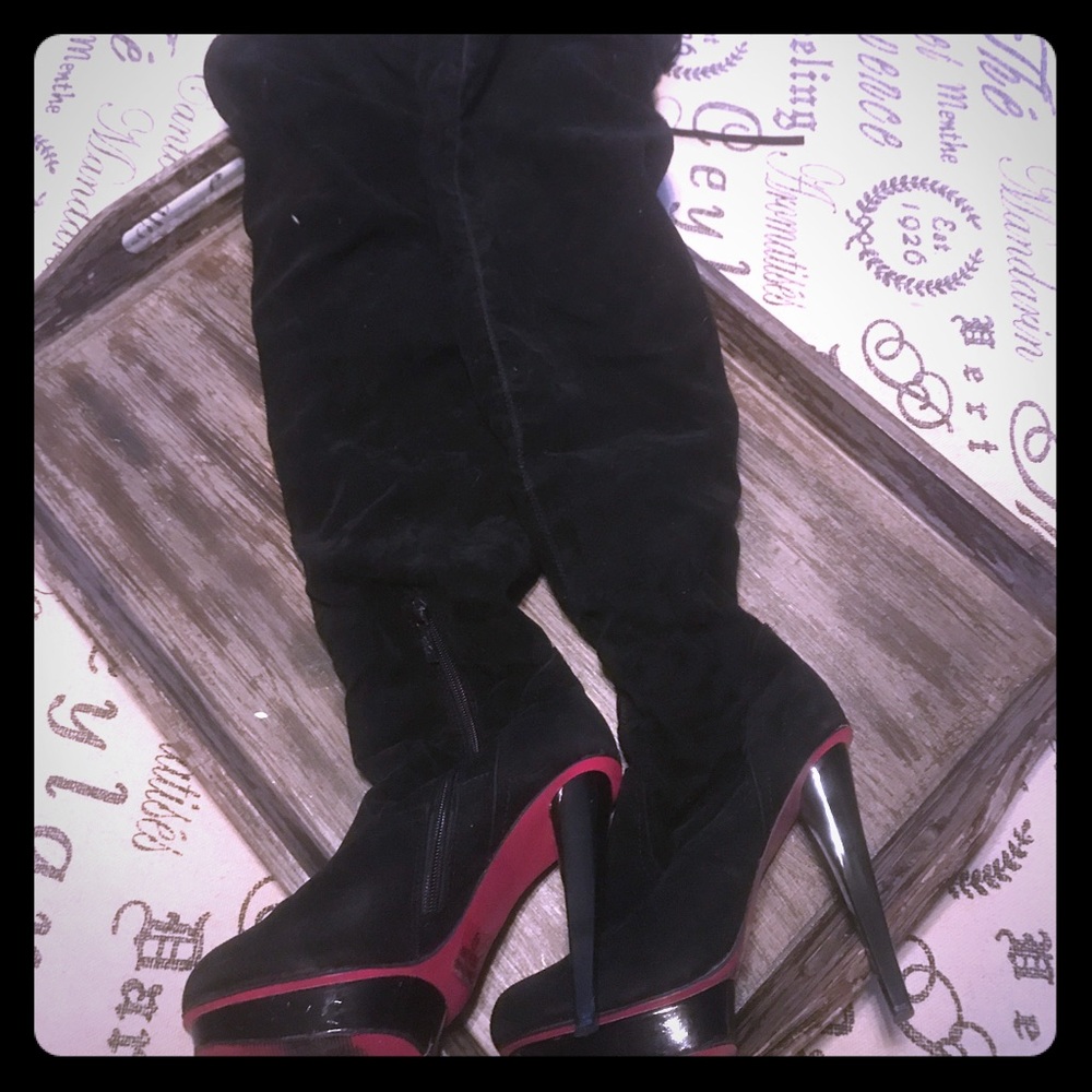 Black suede thigh high platform boots