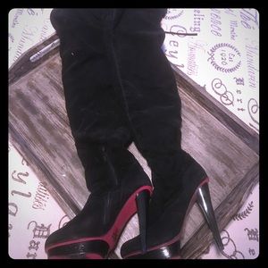 Black suede thigh high platform boots