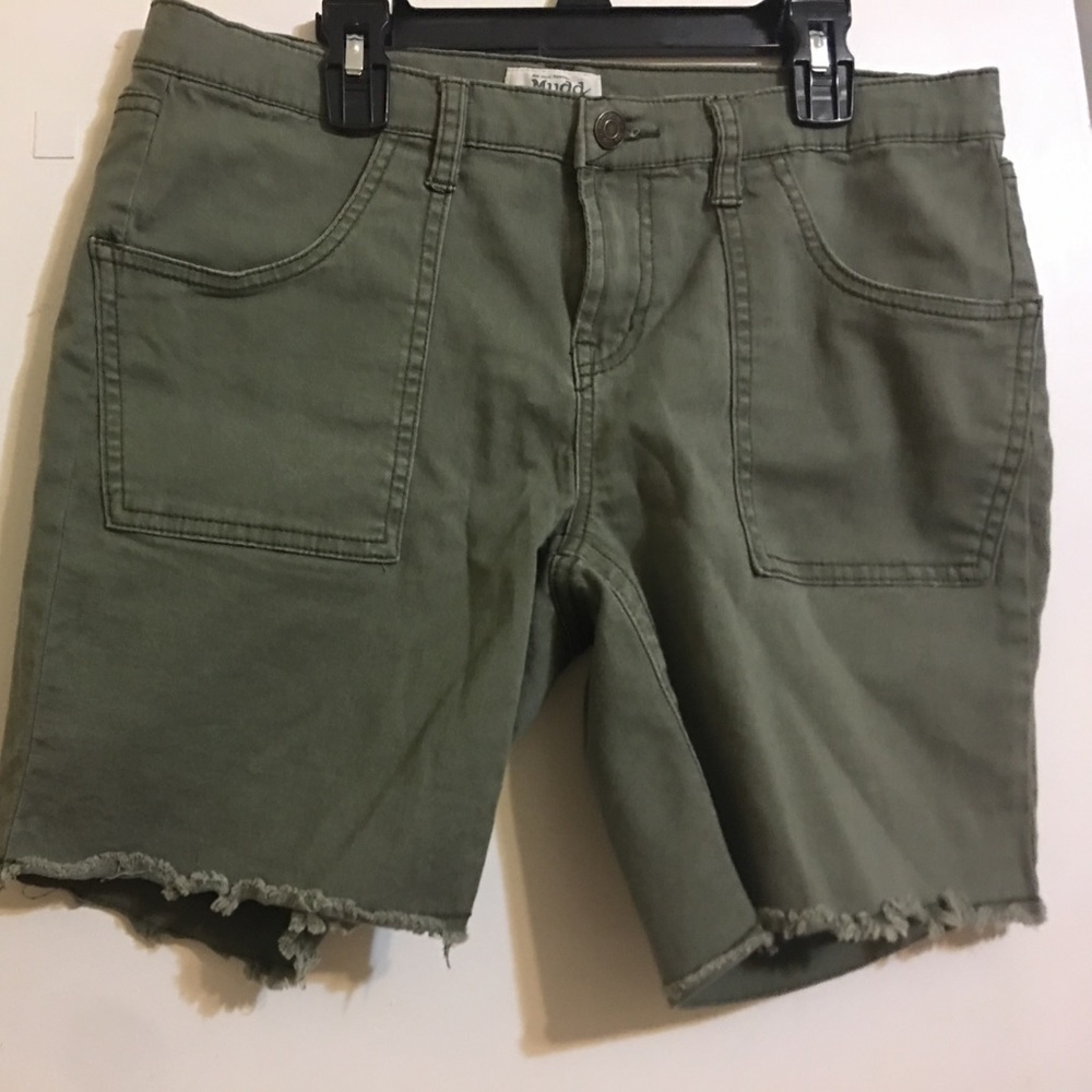 Green jean shorts.