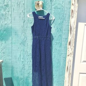 sleeve-less navy blue lace cocktail maxi dress