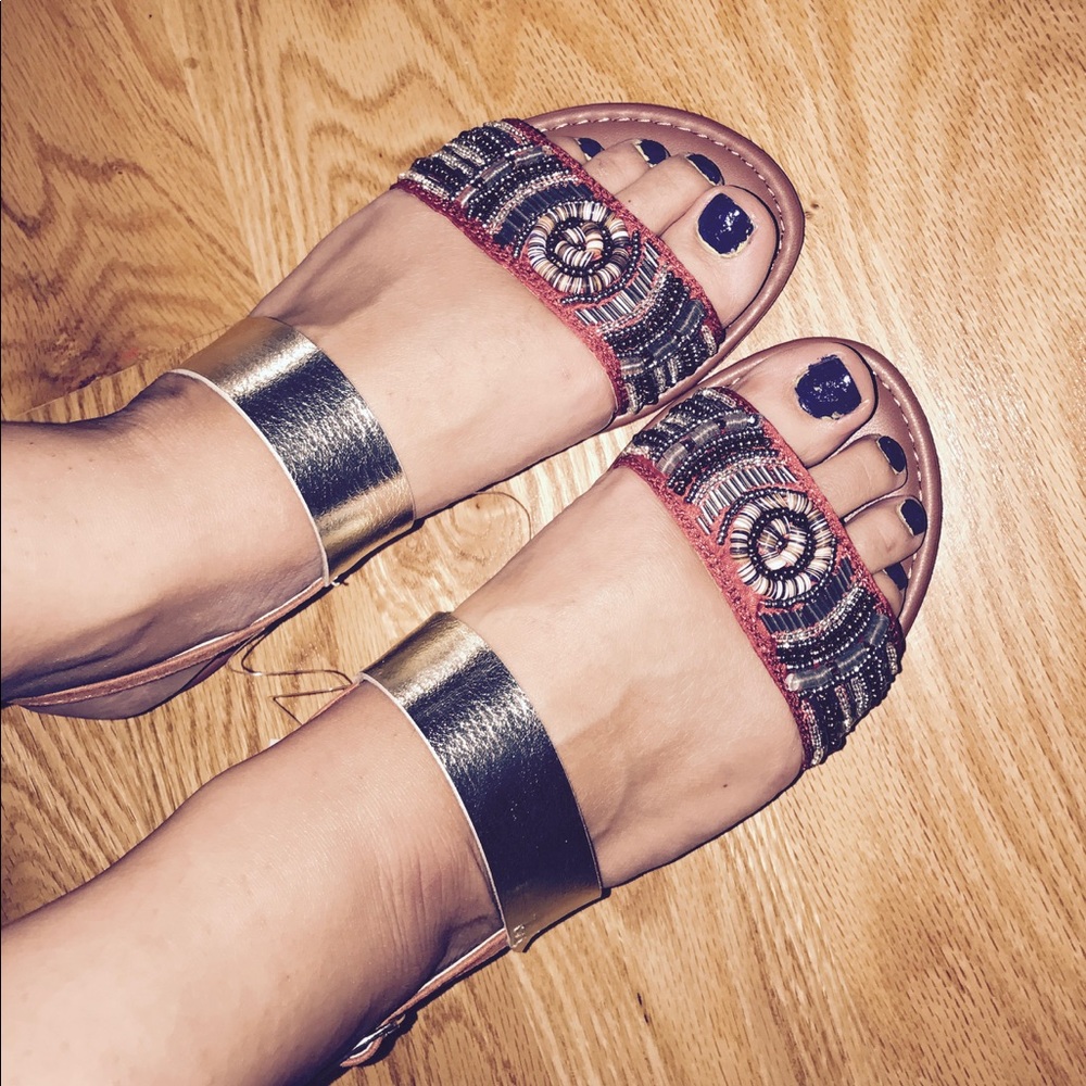 Metallic and beaded strap sandals