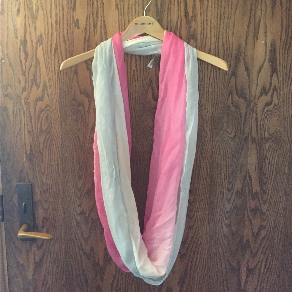 Pink, gray, and white infinity scarf