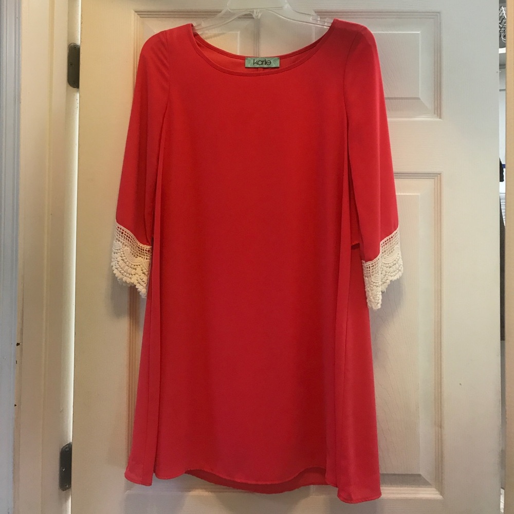 Karlie brand pink coral shift dress w lace sleeves