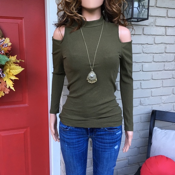 Ambiance Tops - Olive green ribbed cold shoulder top