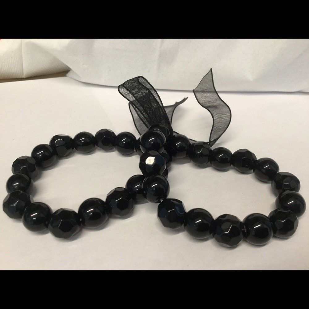 Bundle of two ribbon tied black stretch bracelets - Picture 1 of 1