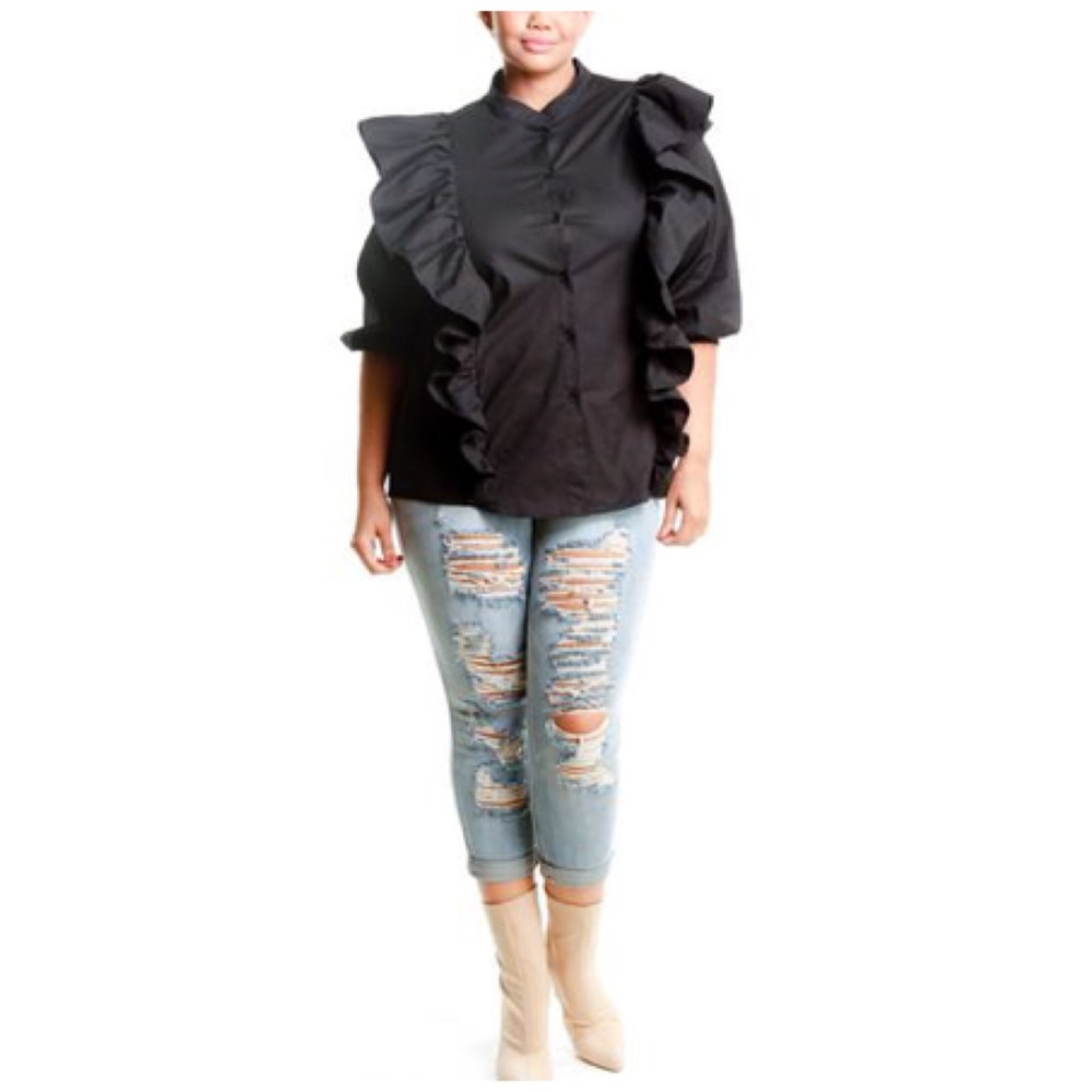 💎Plus Black Mandarin collar Ruffle Top