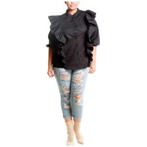 💎Plus Black Mandarin collar Ruffle Top