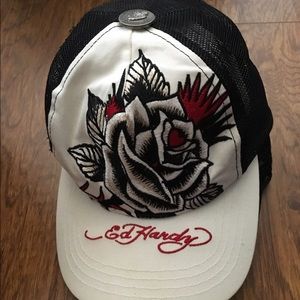 Ed Hardy baseball cap.