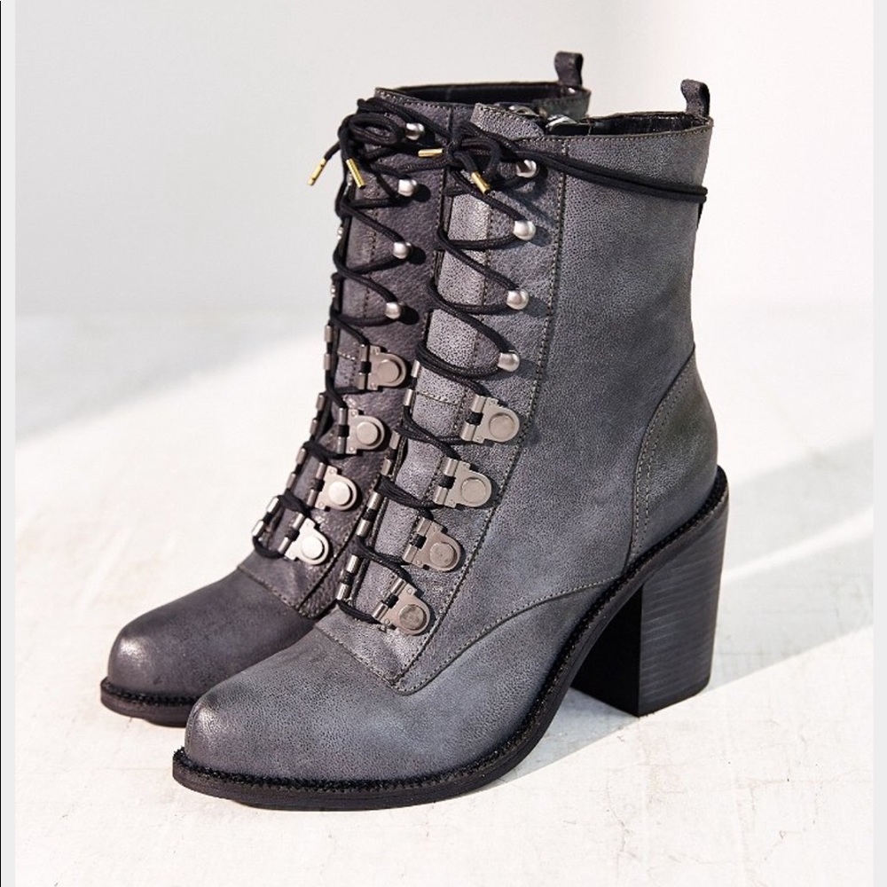 Luxury Rebel Grey Leather Lace Up Booties