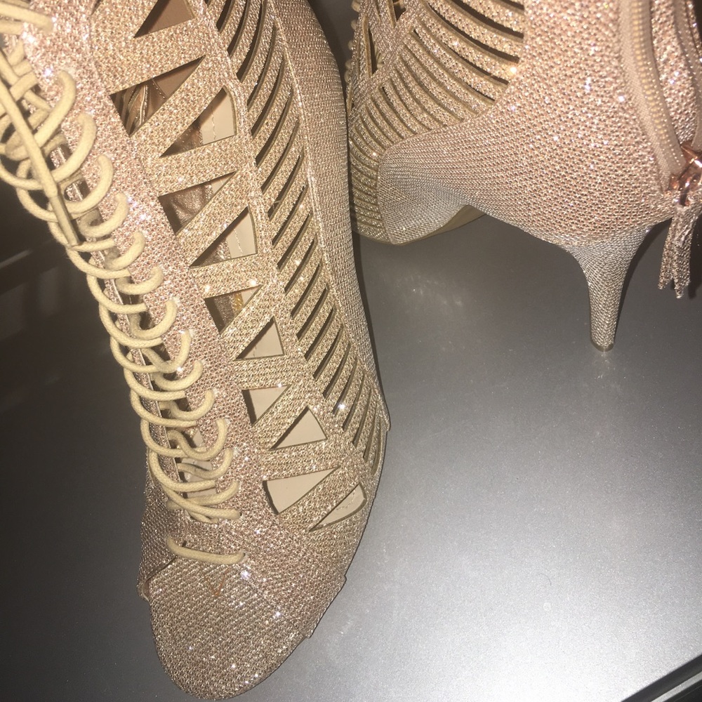 Champagne lace up high heels