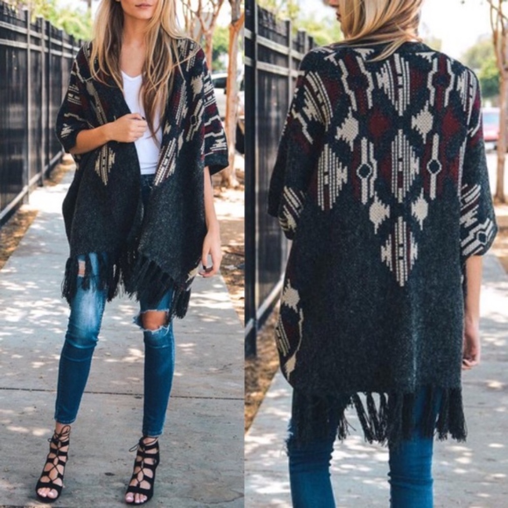 SCHEANA print tassel poncho - OATMEAL - Picture 3 of 4