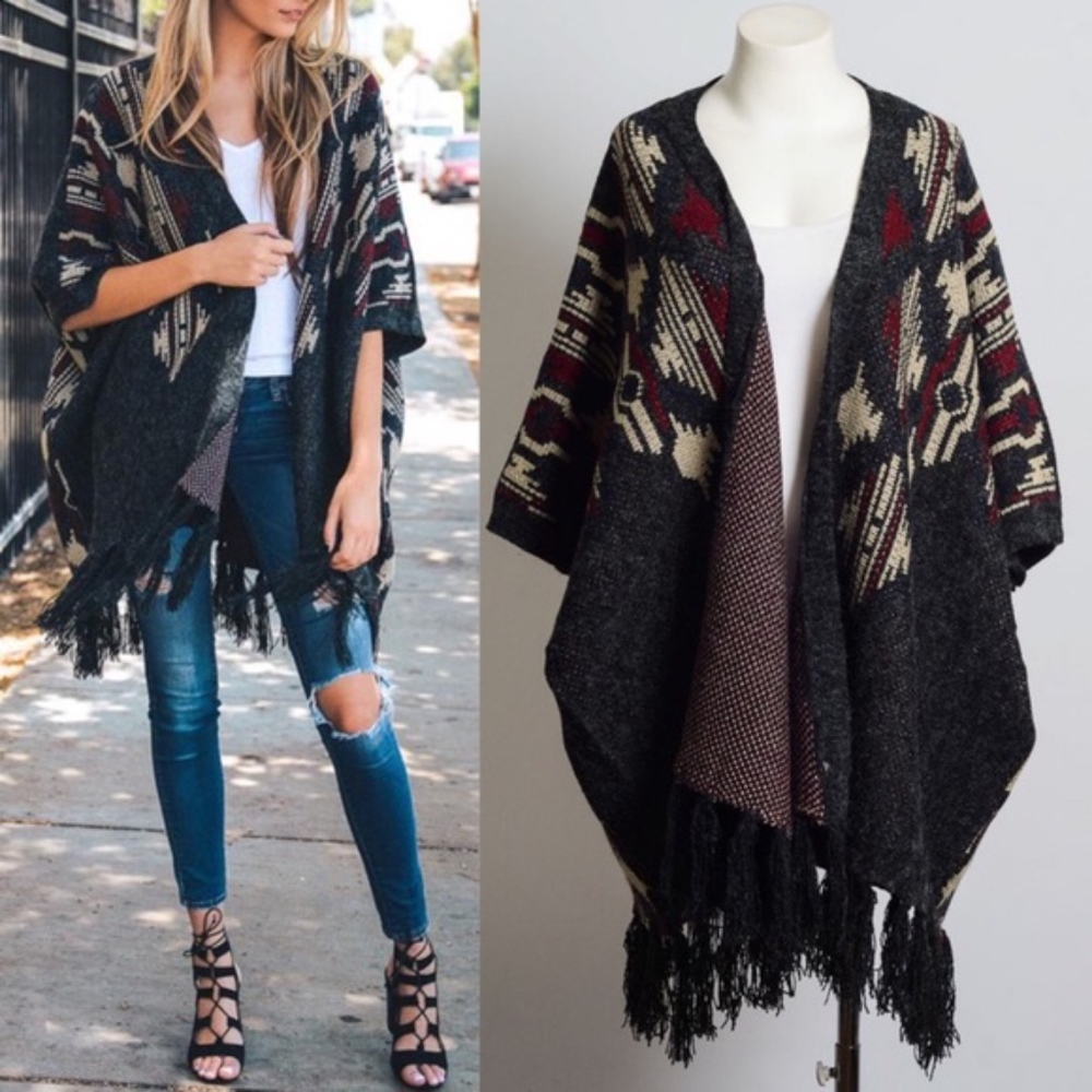 SCHEANA print tassel poncho - OATMEAL - Picture 4 of 4