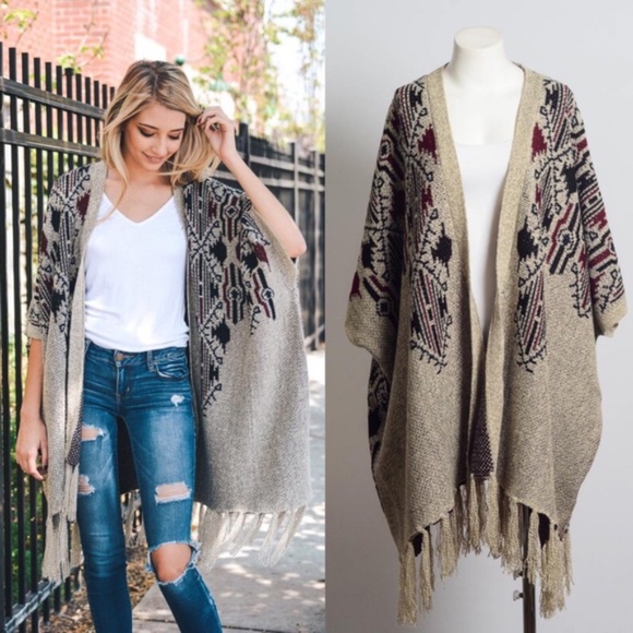 Bellanblue Accessories - SCHEANA print tassel poncho - OATMEAL