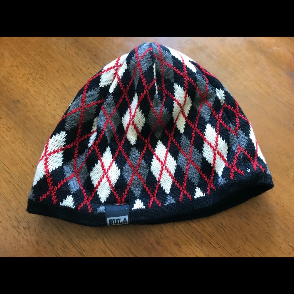 Black grey red and white beanie