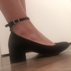 Black ankle strap block heels