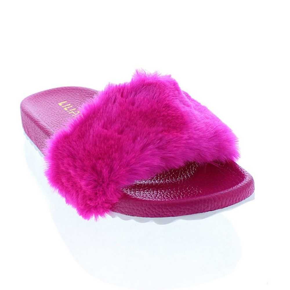 Hot Pink Faux Fur Slide Sandals