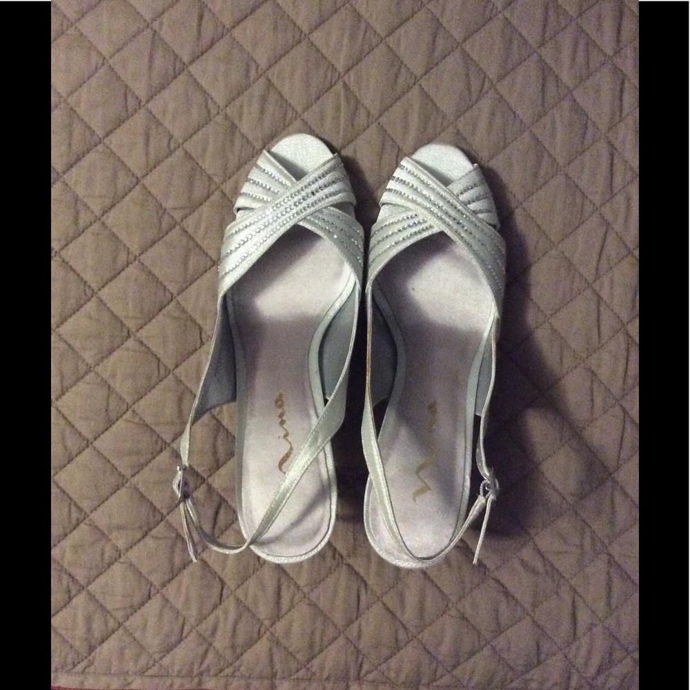 Nina silver satin pumps w/ rhinestones