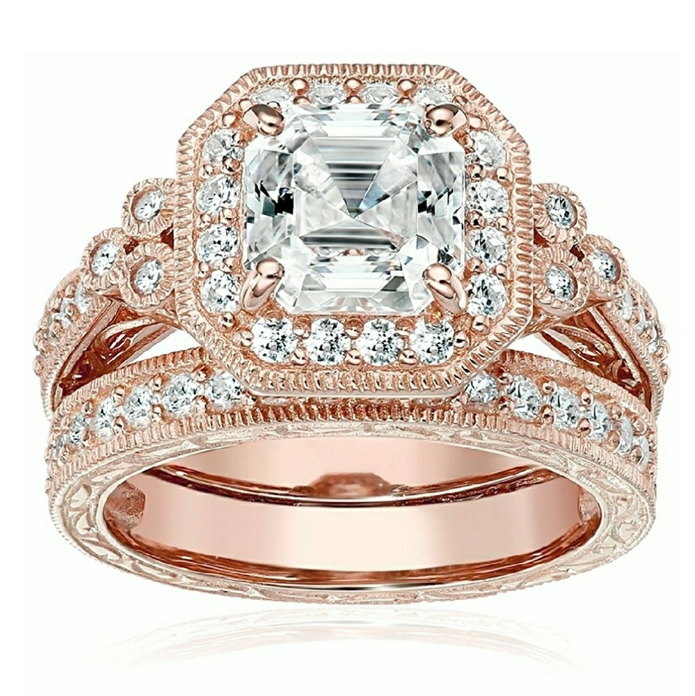 Rose Gold Plated S. Silver Asscher-Cut Ring Set