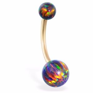 14K Gold Navel Piercing Opal Belly Ring Rainbow