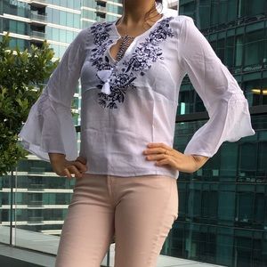 NWT flared sleeve white top with embroidery