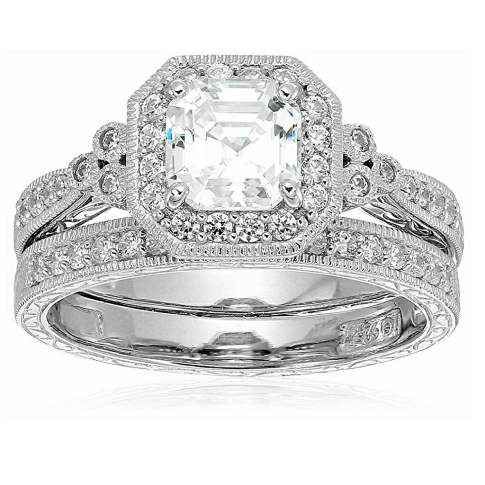 Platinum plt. 925 Ascher Cut Swarovski Ring Set