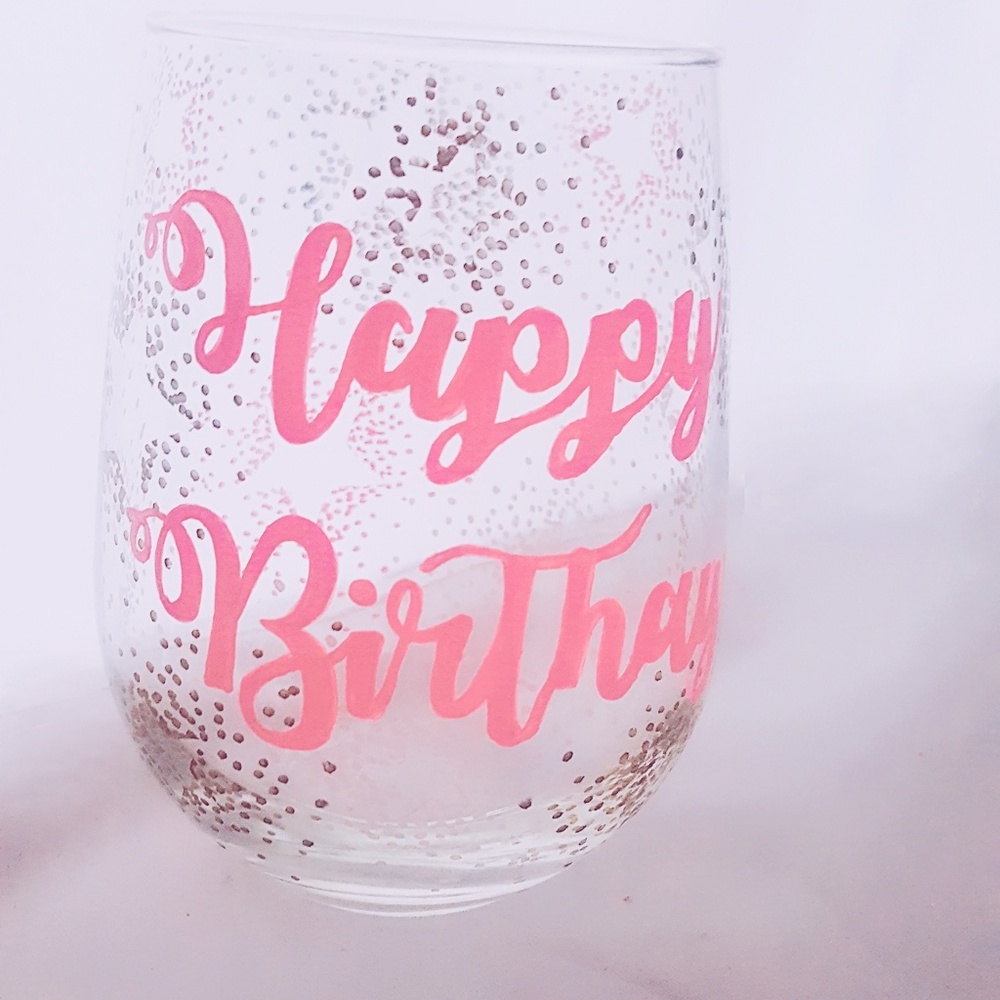 HAND PAINTED HAPPY BIRTHDAY STEMLESS WINE GLASS