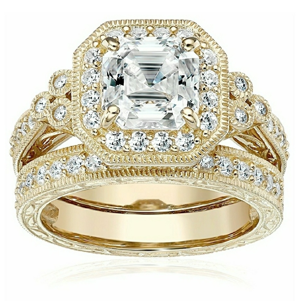 Gold Plated 925 S.S. Ascher Cut Swarovski Ring Set
