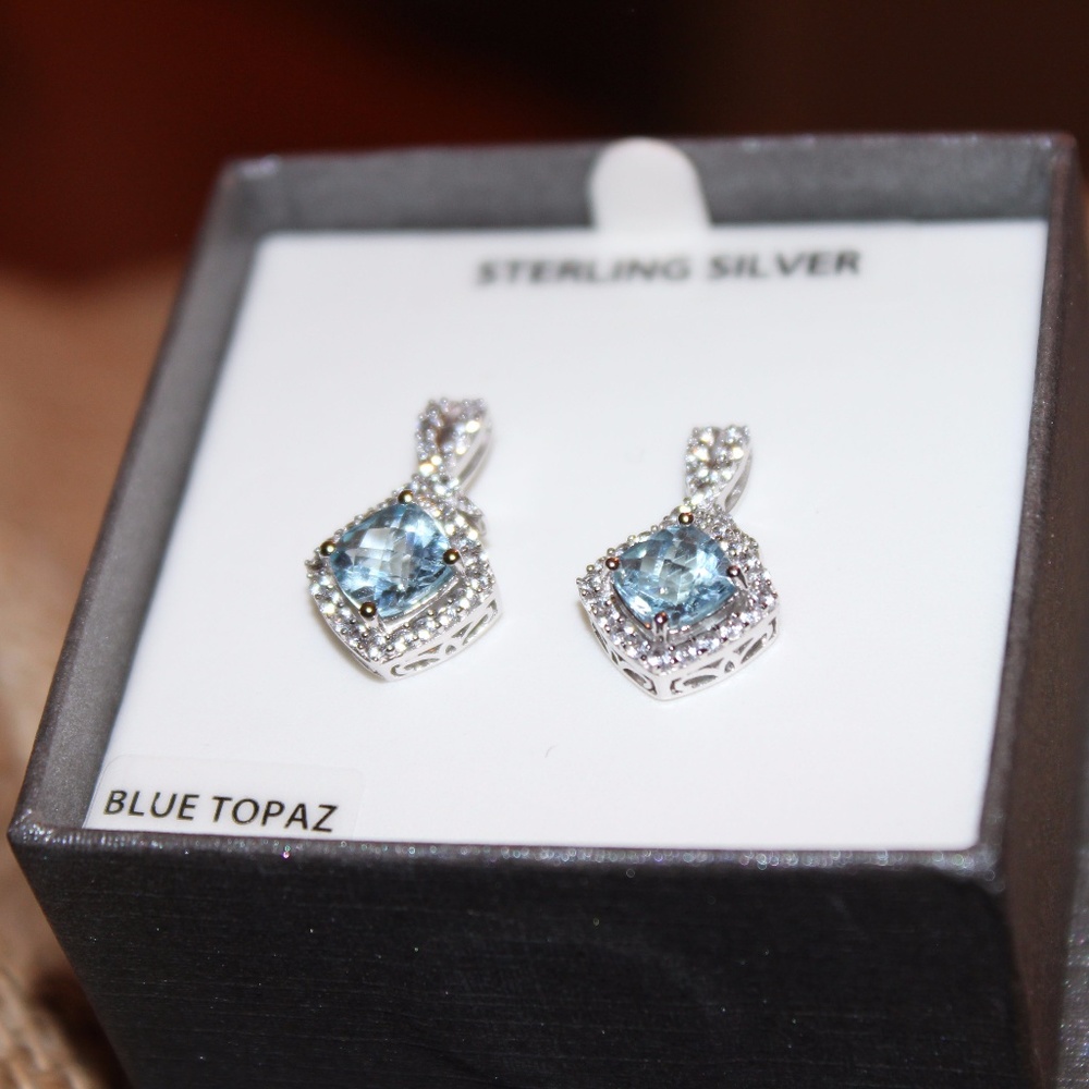 Genuine Blue Topaz  White Sapphire earrings