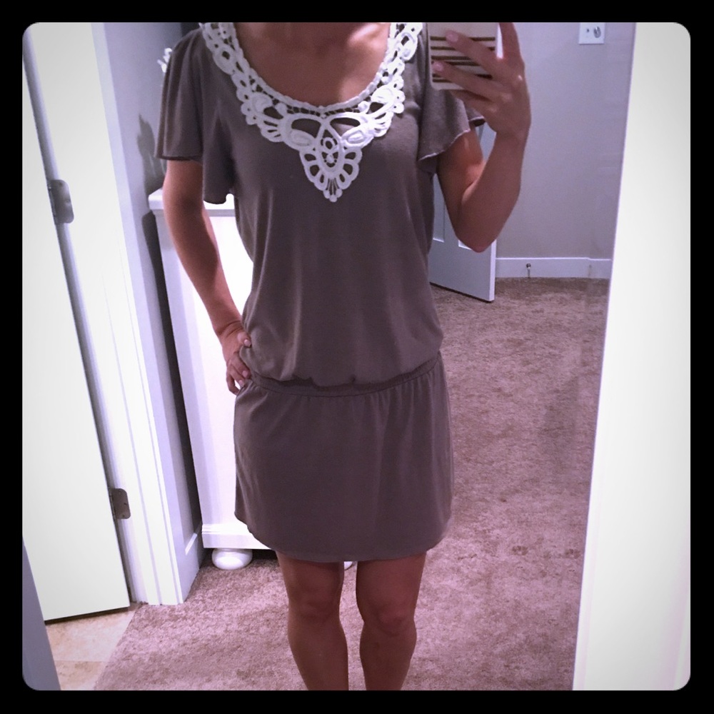 Taupe dress with lace accents