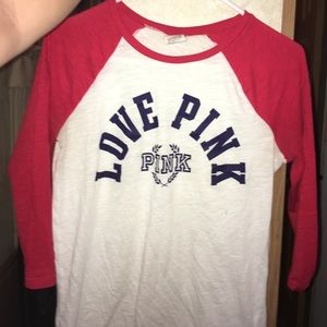 Pink t shirt white and red baseball tee