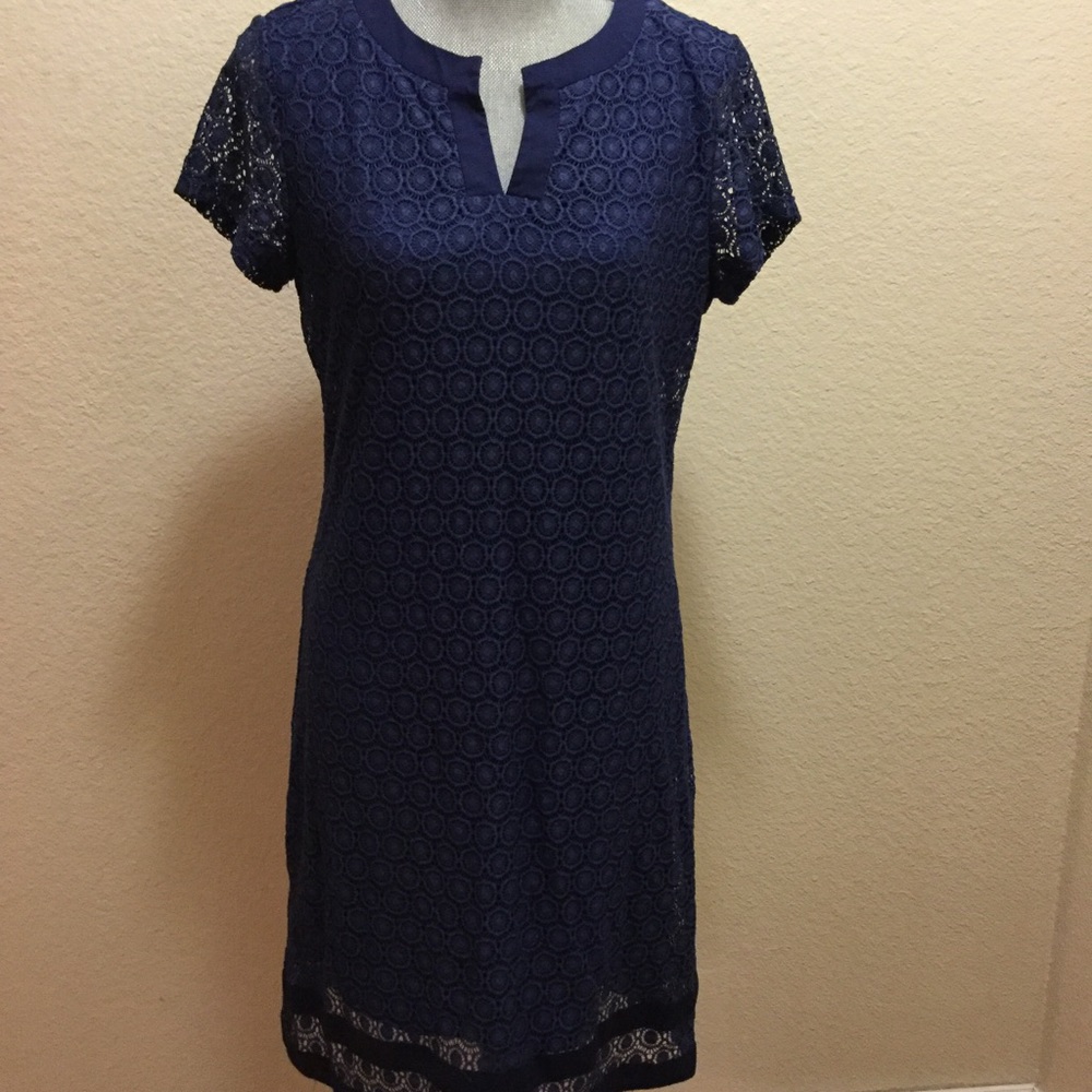 Navy Blue Lace Short Sleeve Dress