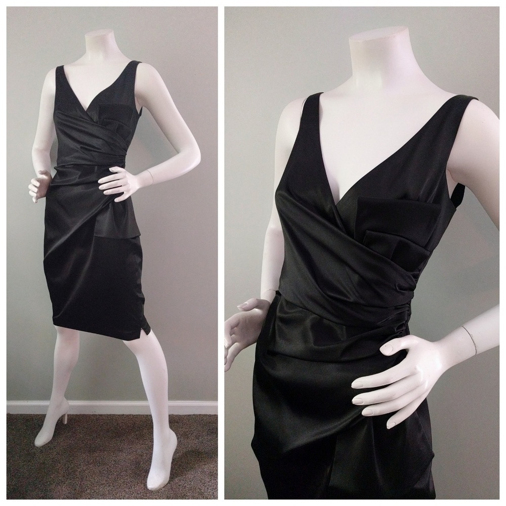 Vintage Y2K Maggy London Black Satin Origami Bow LBD Dress 10