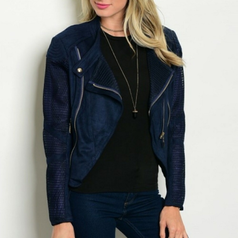 Navy Blue Moto Jacket Suede/mesh