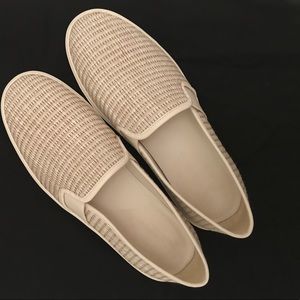 VINCE Blair leather trimmed woven jute slip ons