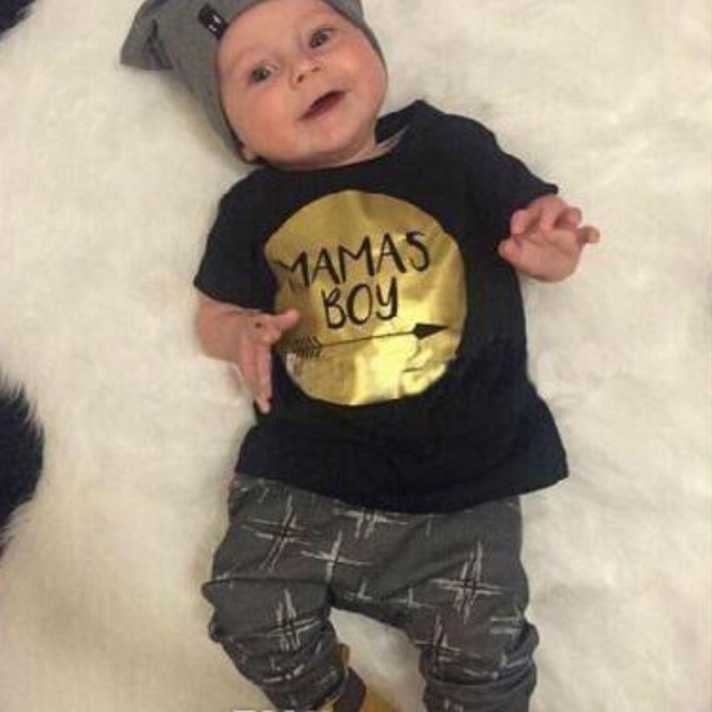NWT Mama Boy Baby Toddler Outfit Shirt Pants Gold