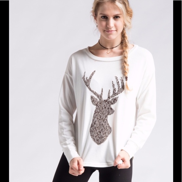 Deer Front French Terry Scoop Neck Sweatshirt Patchwork - Picture 2 of 4