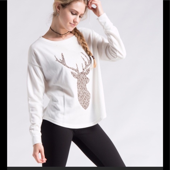 Deer Front French Terry Scoop Neck Sweatshirt Patchwork - Picture 3 of 4