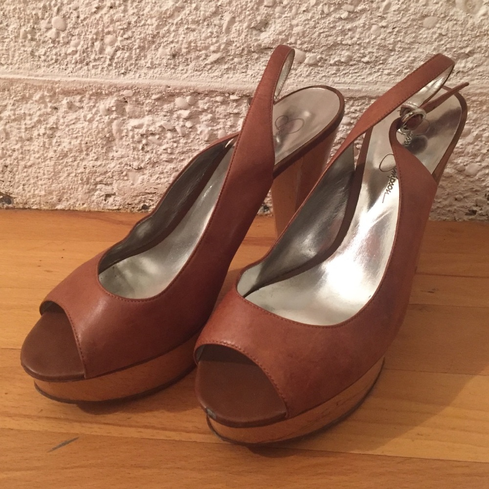 Camel leather Jessica Simpson platform sling backs