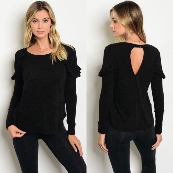 Ruffle Top Keyhole Back Shirt Long Sleeves - Picture 2 of 8