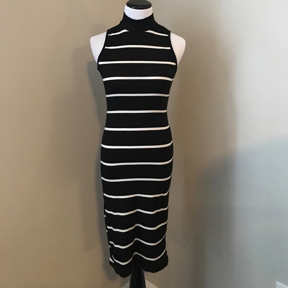 High Neckline Black Ivory Striped Sleeveless Dress - Picture 4 of 8