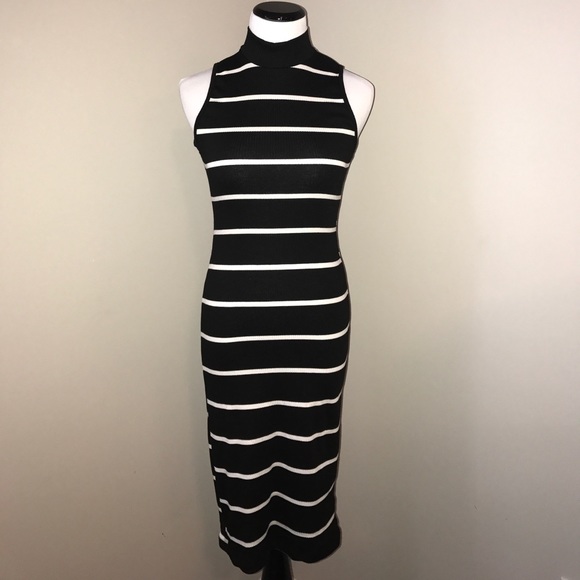 High Neckline Black Ivory Striped Sleeveless Dress - Picture 3 of 8