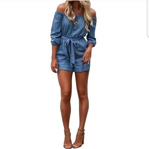 Off Shoulder Denim Jumpsuit Romper