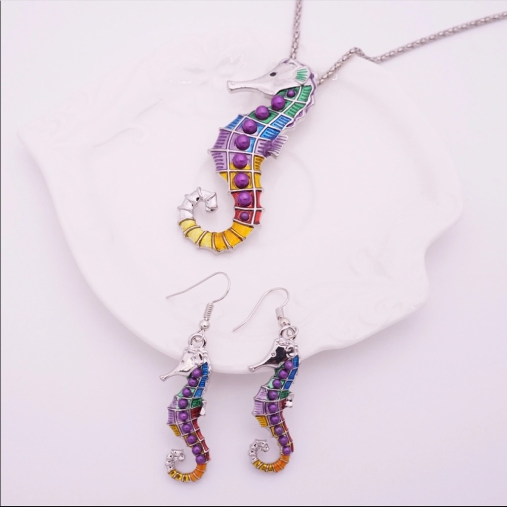 Colorful seahorse necklace & earrings set